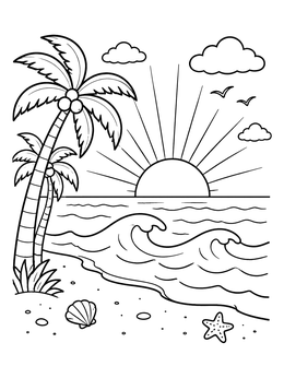 Free printable Tropical Sunrise Over Ocean Beach coloring page
