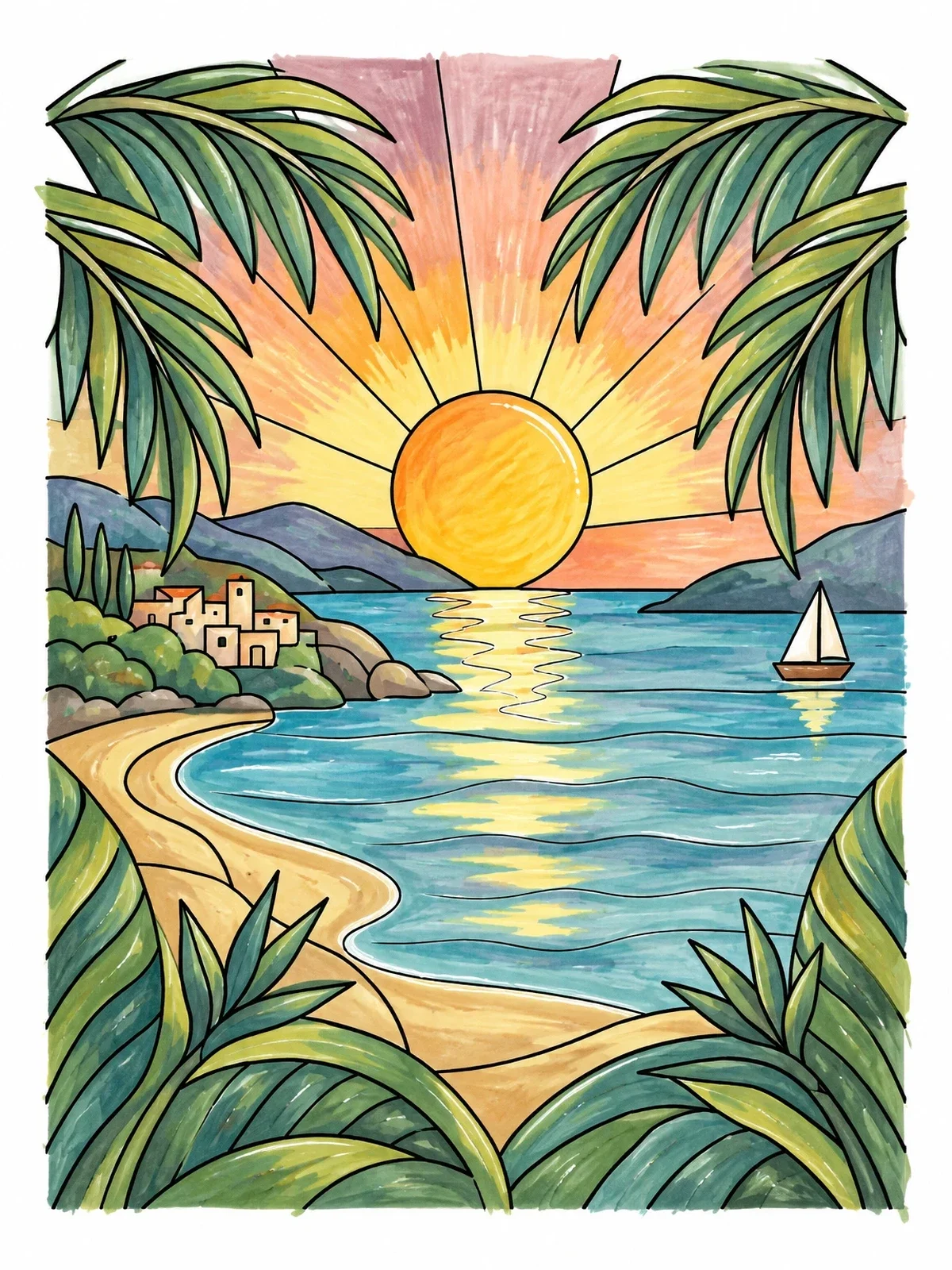 Colored example of the Tropical Sunrise Over Coastal Bay coloring page