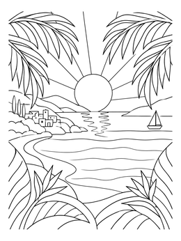 A serene tropical sunrise coloring page featuring palm fronds, rolling hills, and a calm sea.