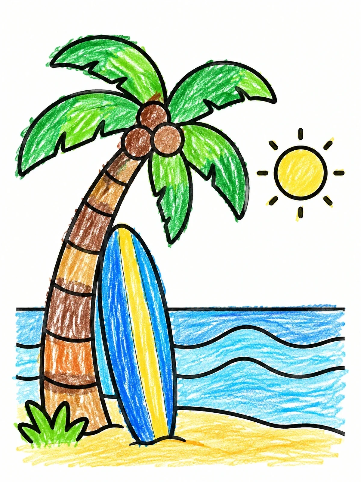 Colored example of the Surfboard By The Palm Tree coloring page