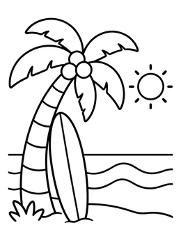 Free printable Surfboard By The Palm Tree coloring page