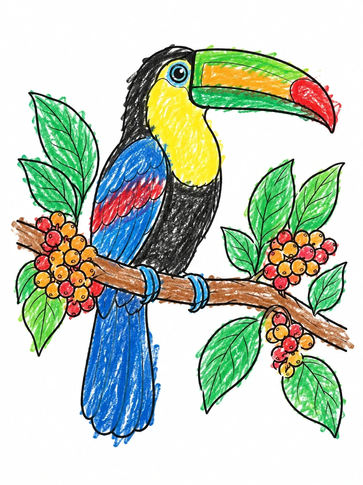 Colored example of the Toucan Perched On Berry Branch coloring page