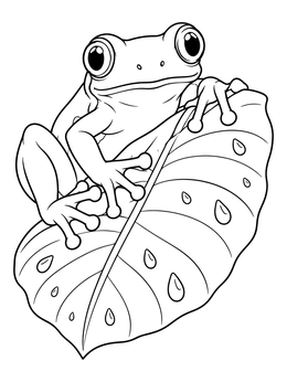 A curious tree frog on a tropical coloring page resting atop a large dewy leaf.