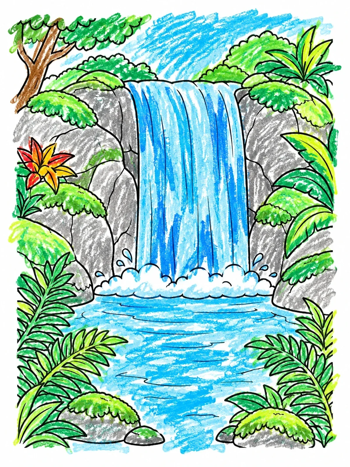 Colored example of the Tropical Waterfall Jungle Lagoon coloring page