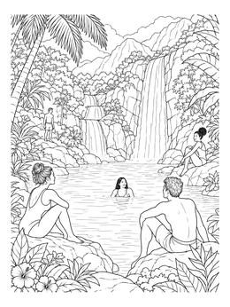 Friends relaxing by a mountain pool in this paradise coloring page.