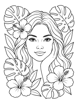 Free printable Tropical Woman Portrait With Hibiscus coloring page