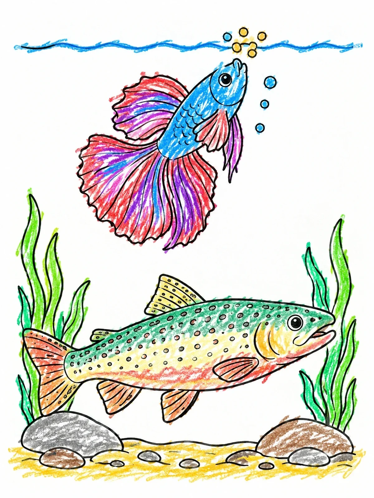 Colored example of the Trout And Betta Fish Swimming coloring page
