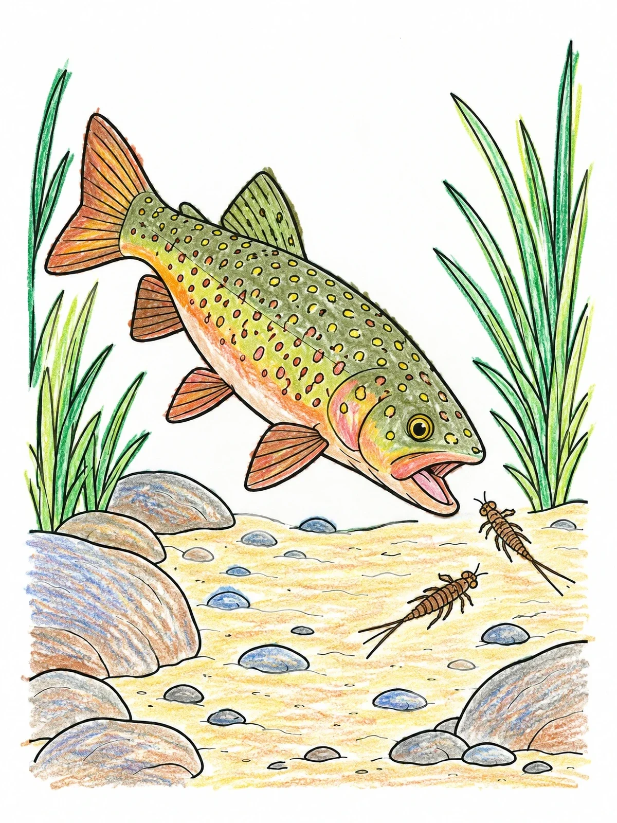 Colored example of the Trout Chasing Stream Nymphs coloring page