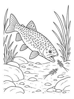 A spotted fish hunts small aquatic insects in this lively trout coloring page.