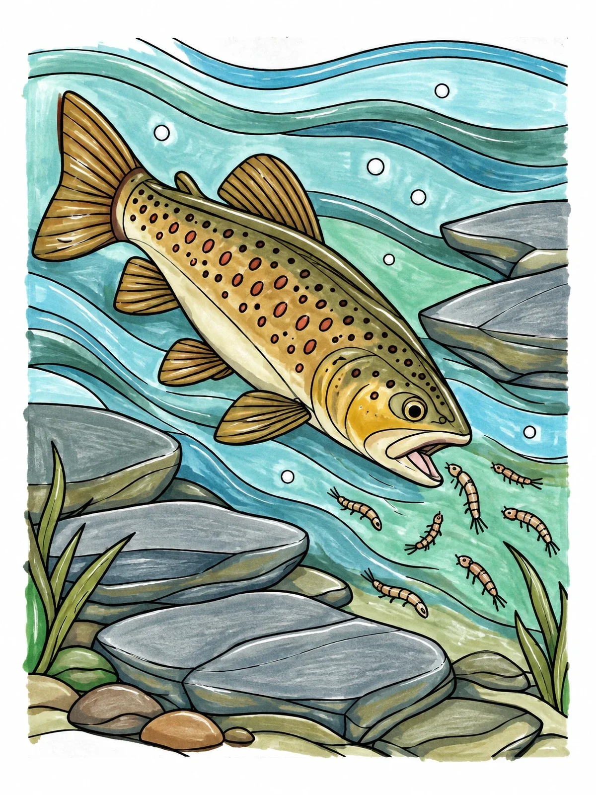 Colored example of the Trout Feeding On River Larvae coloring page