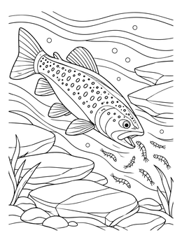 A detailed trout coloring page showing a spotted fish swimming near river stones to catch small aquatic larvae.