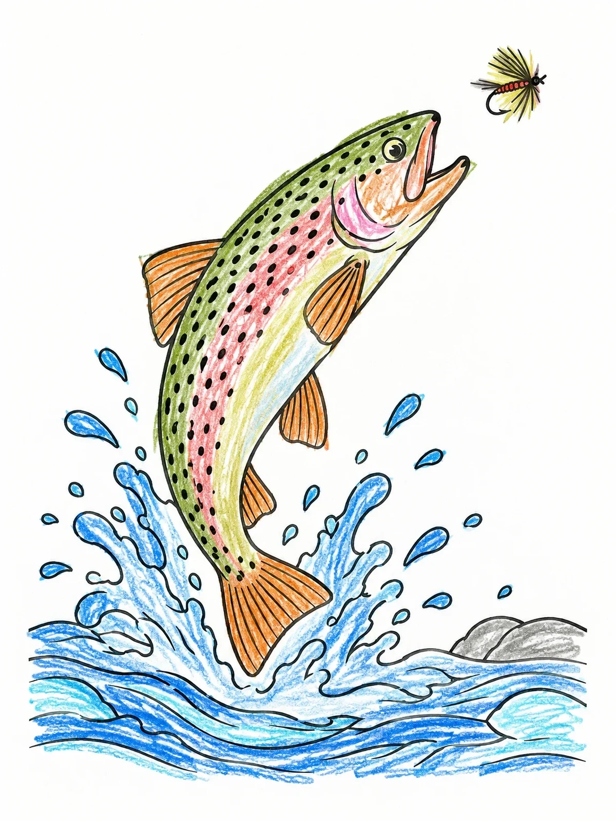 Colored example of the Trout Leaping For An Artificial Fly coloring page