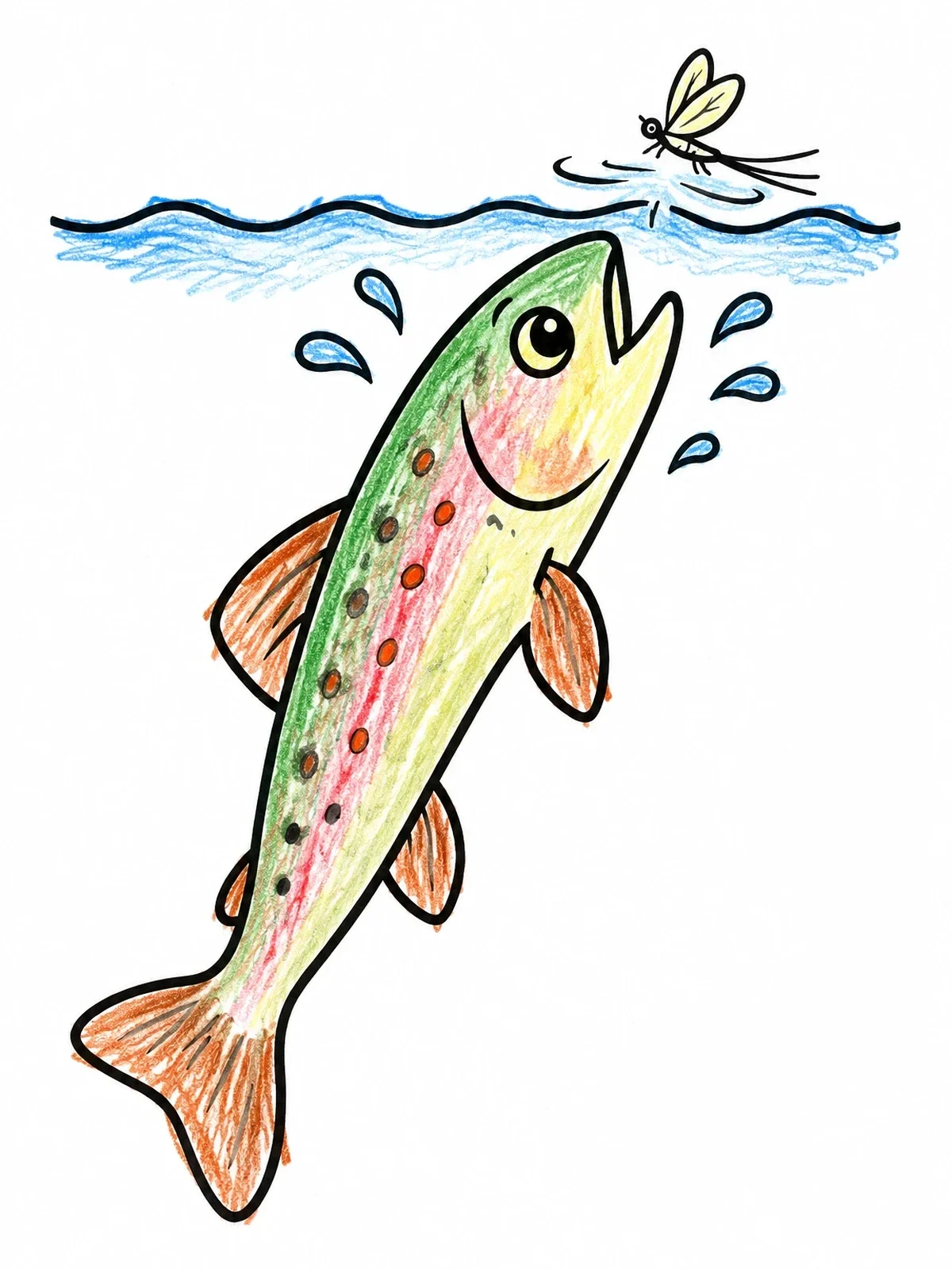 Colored example of the Trout Jumping For A Mayfly coloring page