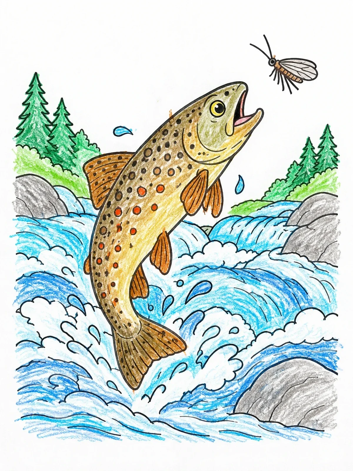 Colored example of the Trout Leaping For A Fly coloring page