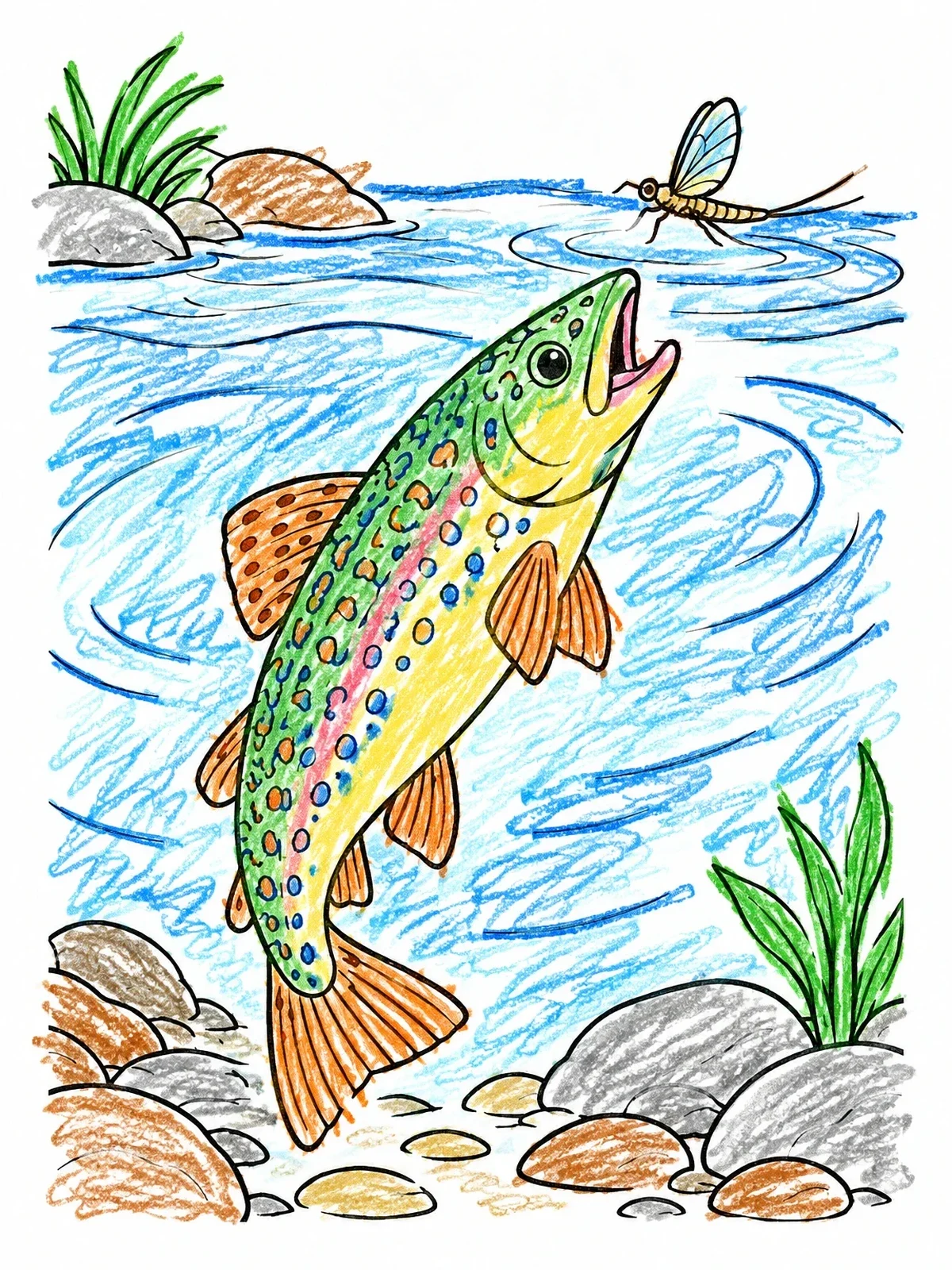 Colored example of the Trout Leaping For A Mayfly coloring page