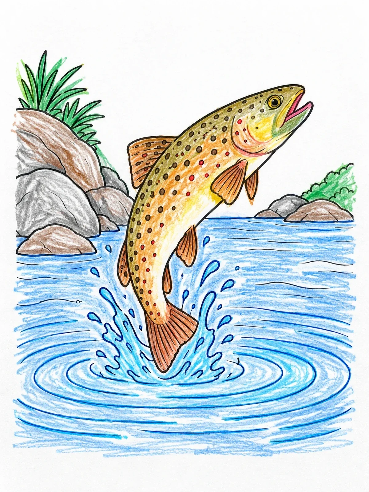 Colored example of the Trout Leaping From River Water coloring page
