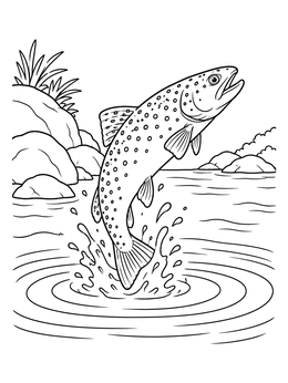 A spotted trout coloring page jumping out of a river creating ripples and splashes.