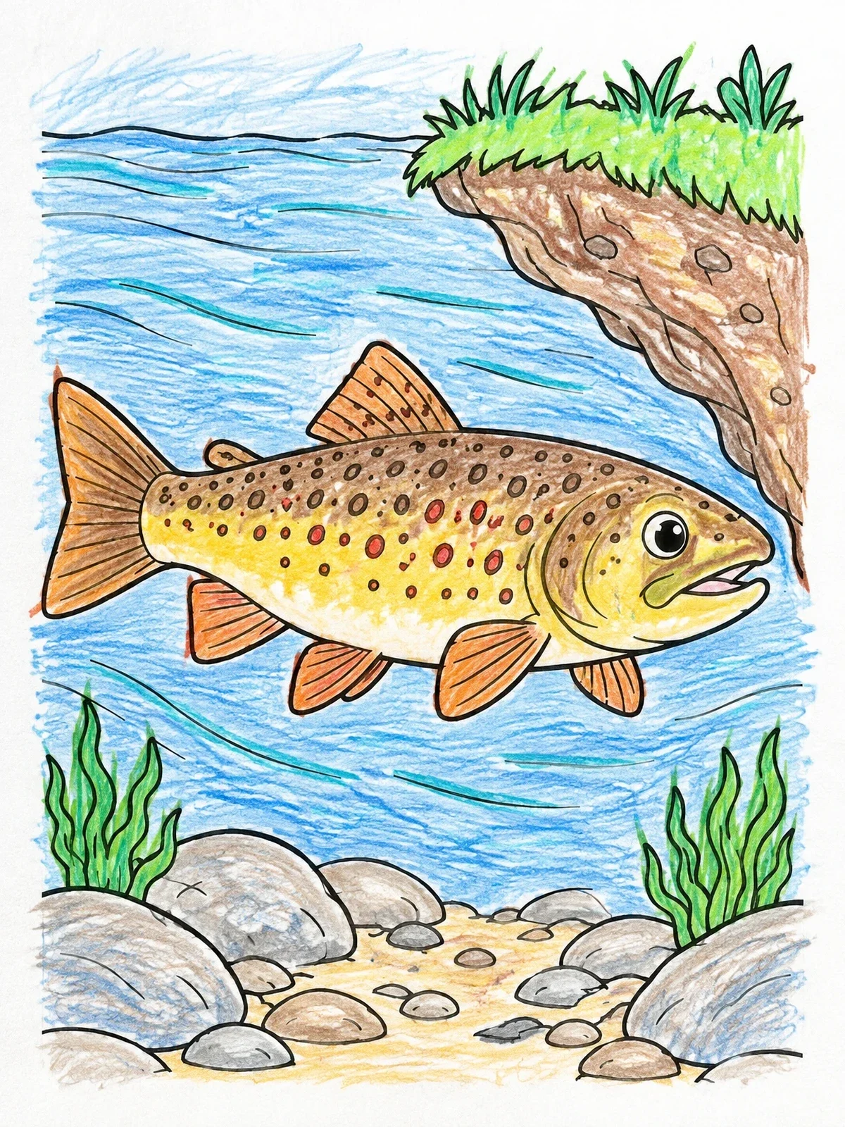 Colored example of the Trout Swimming Near Riverbank coloring page
