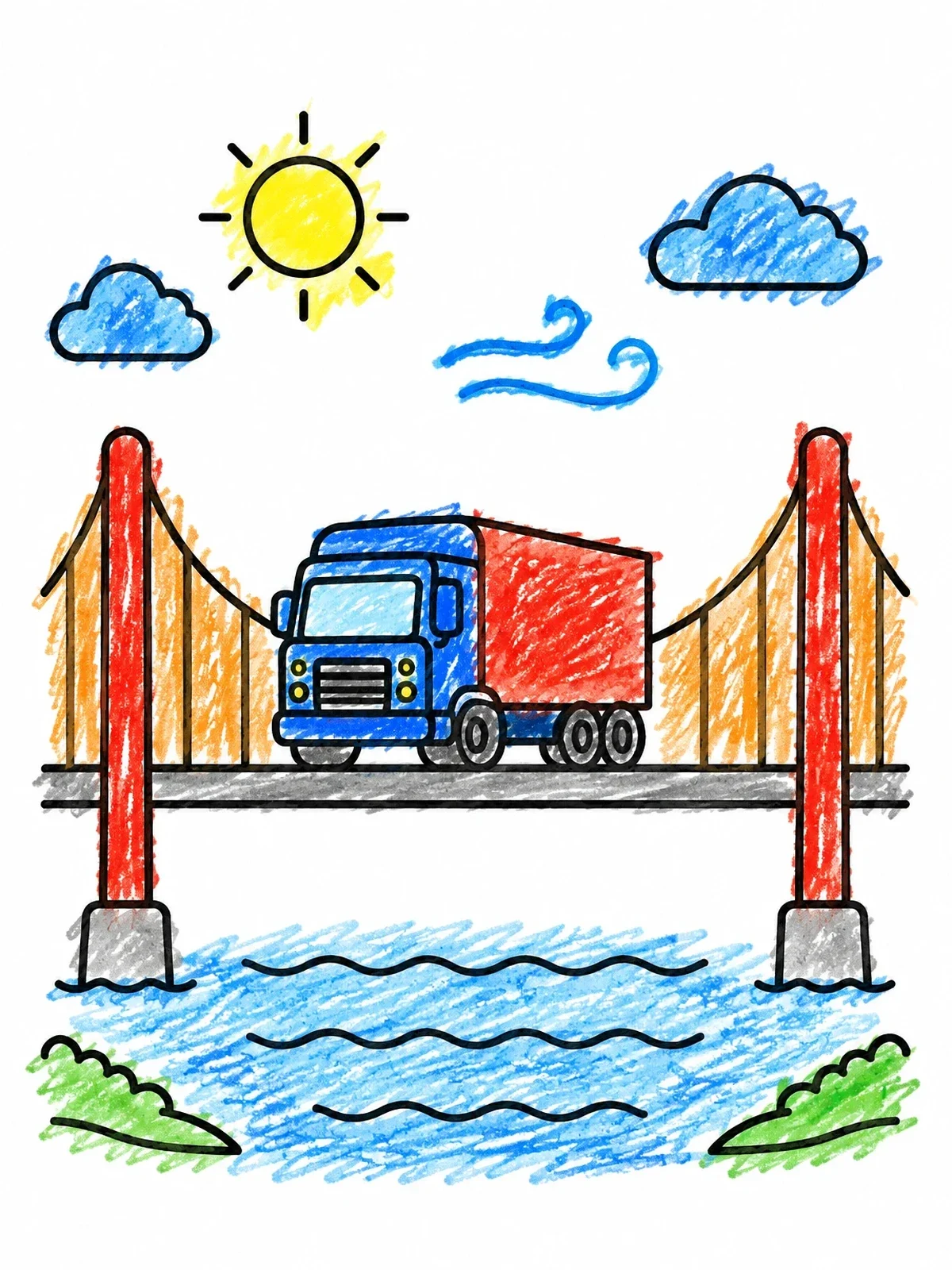 Colored example of the Semi Truck On Suspension Bridge coloring page