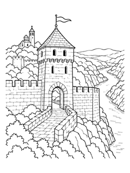 Tsarevets fortress tower overlooking a river gorge on this bulgaria coloring page.