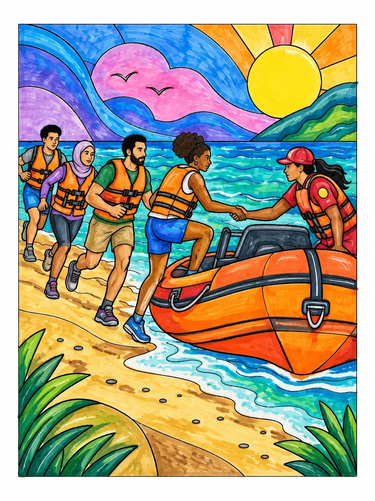 Colored example of the Beach Emergency Rescue Boat Evacuation coloring page