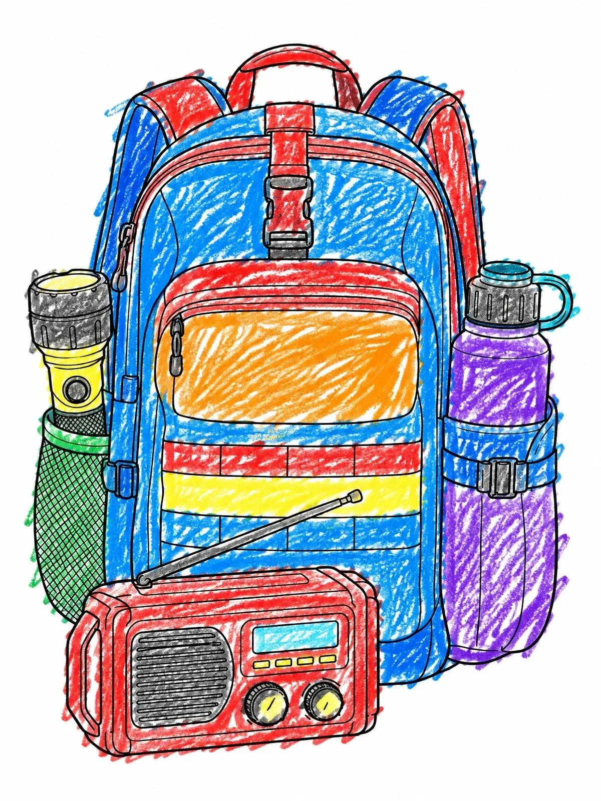Colored example of the Tsunami Emergency Kit Backpack coloring page