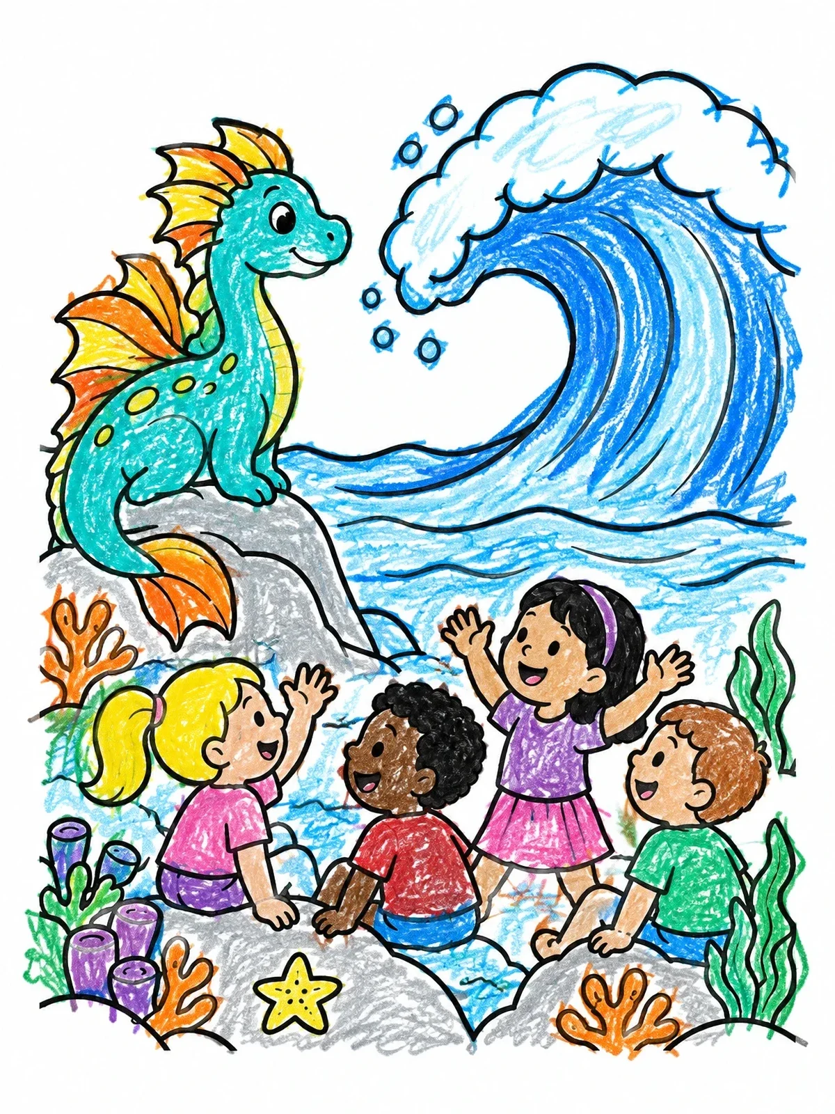 Colored example of the Friendly Sea Dragon And Big Wave coloring page