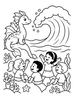 Free printable Friendly Sea Dragon And Big Wave coloring page