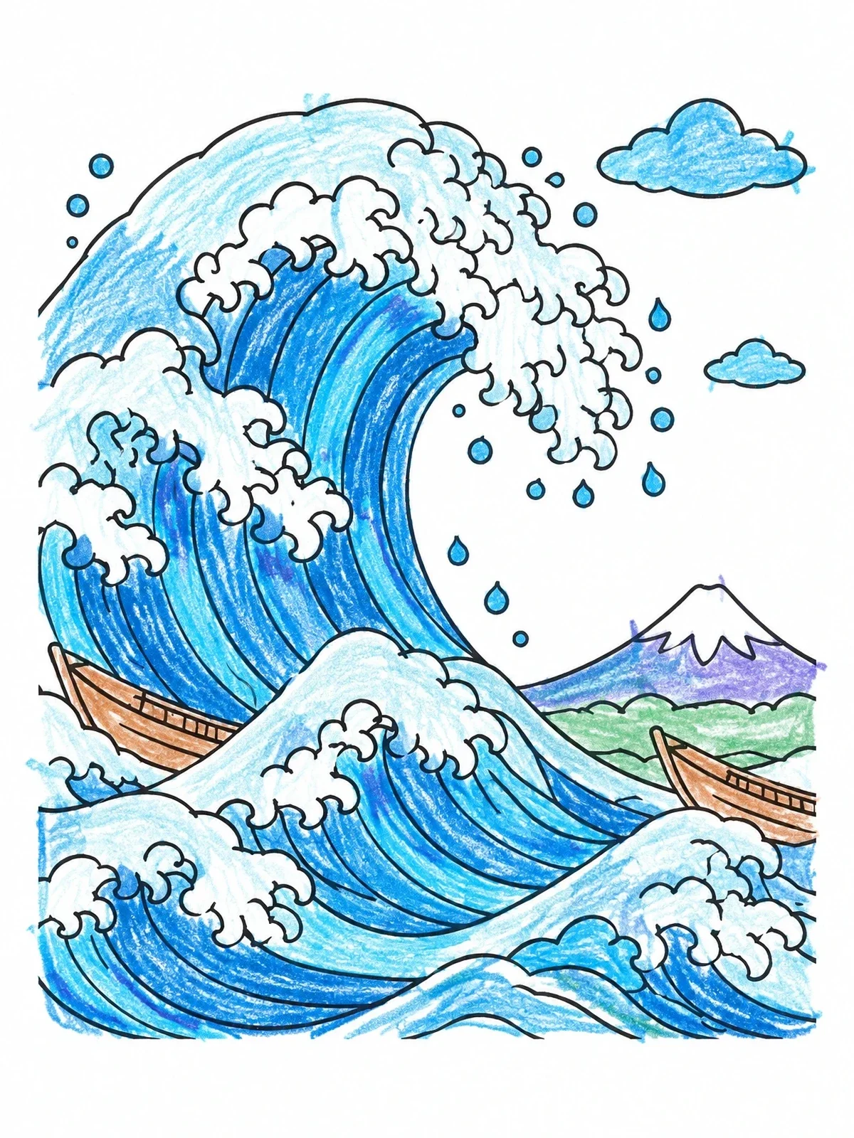 Colored example of the Japanese Style Giant Ocean Wave coloring page