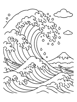 Free printable Japanese Style Giant Ocean Wave coloring page