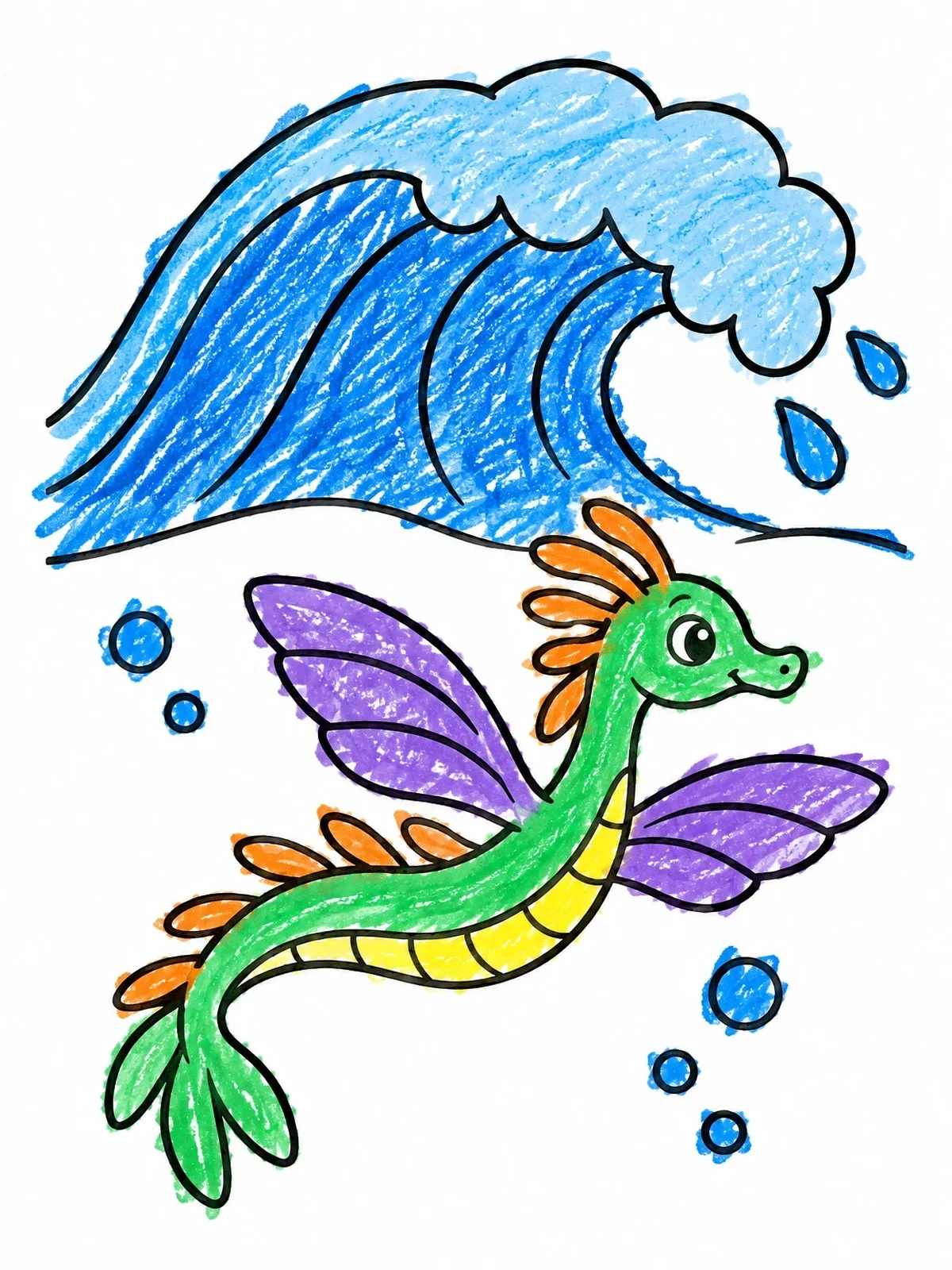 Colored example of the Sea Dragon Beneath A Tidal Wave coloring page
