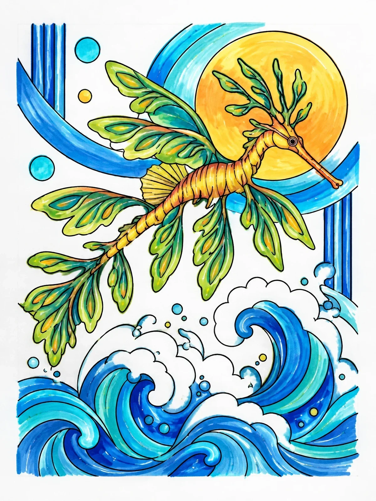 Colored example of the Sea Dragon Above Rolling Ocean Waves coloring page