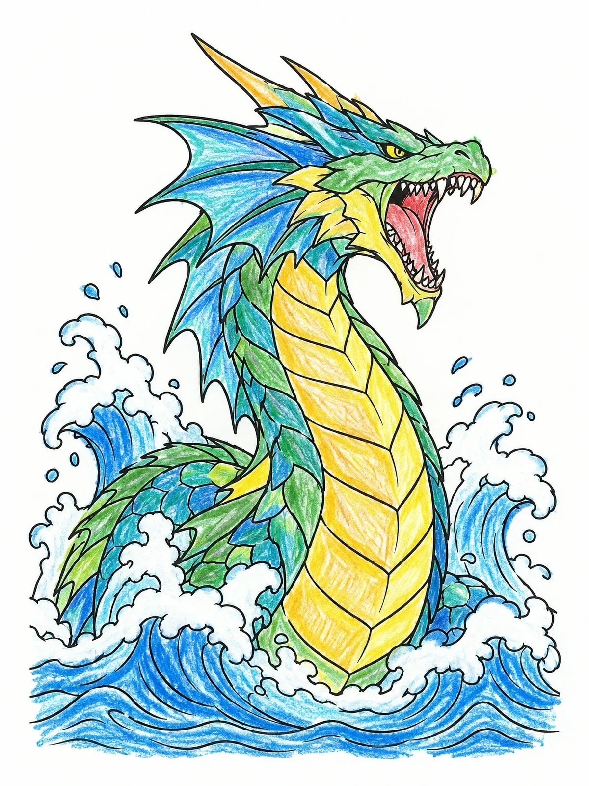 Colored example of the Sea Dragon Rising From Waves coloring page