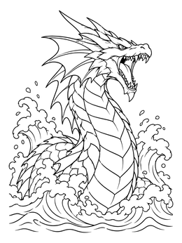 Free printable Sea Dragon Rising From Waves coloring page
