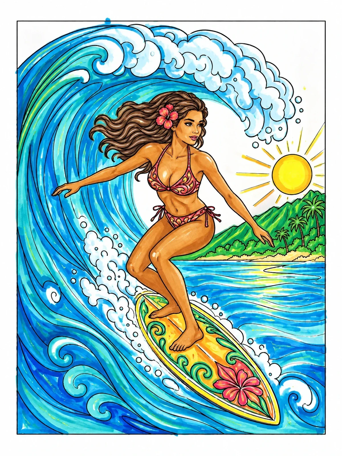 Colored example of the Surfer Riding A Giant Wave coloring page
