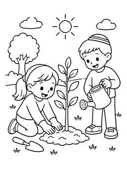 Free printable Children Planting A Young Tree coloring page