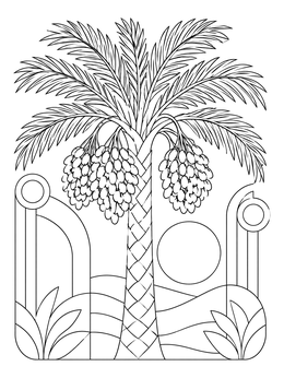 Detailed date palm tree with clusters of fruit in this Tu BiShvat coloring page.