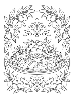 A decorative platter with food and olives framed by branches on this tu bishvat coloring page.