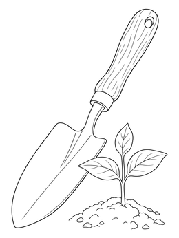 A garden trowel rests beside a young seedling in this Tu BiShvat coloring page.
