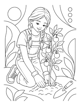 A young girl tends to a young tree in this tu bishvat coloring page.