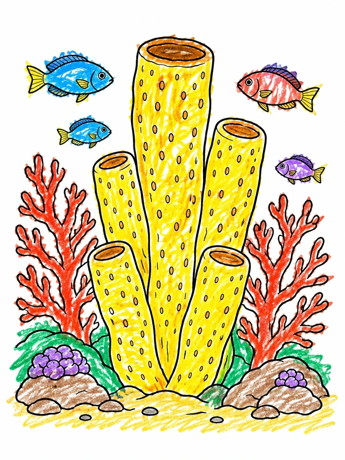Colored example of the Tube Sea Sponge And Reef Fish coloring page