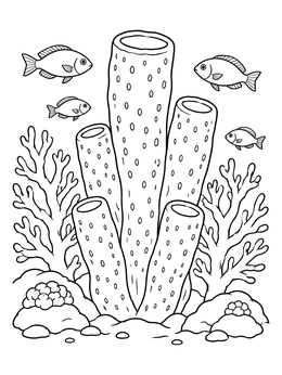 Detailed sea sponge coloring page featuring tall tube sponges, coral, and swimming reef fish.