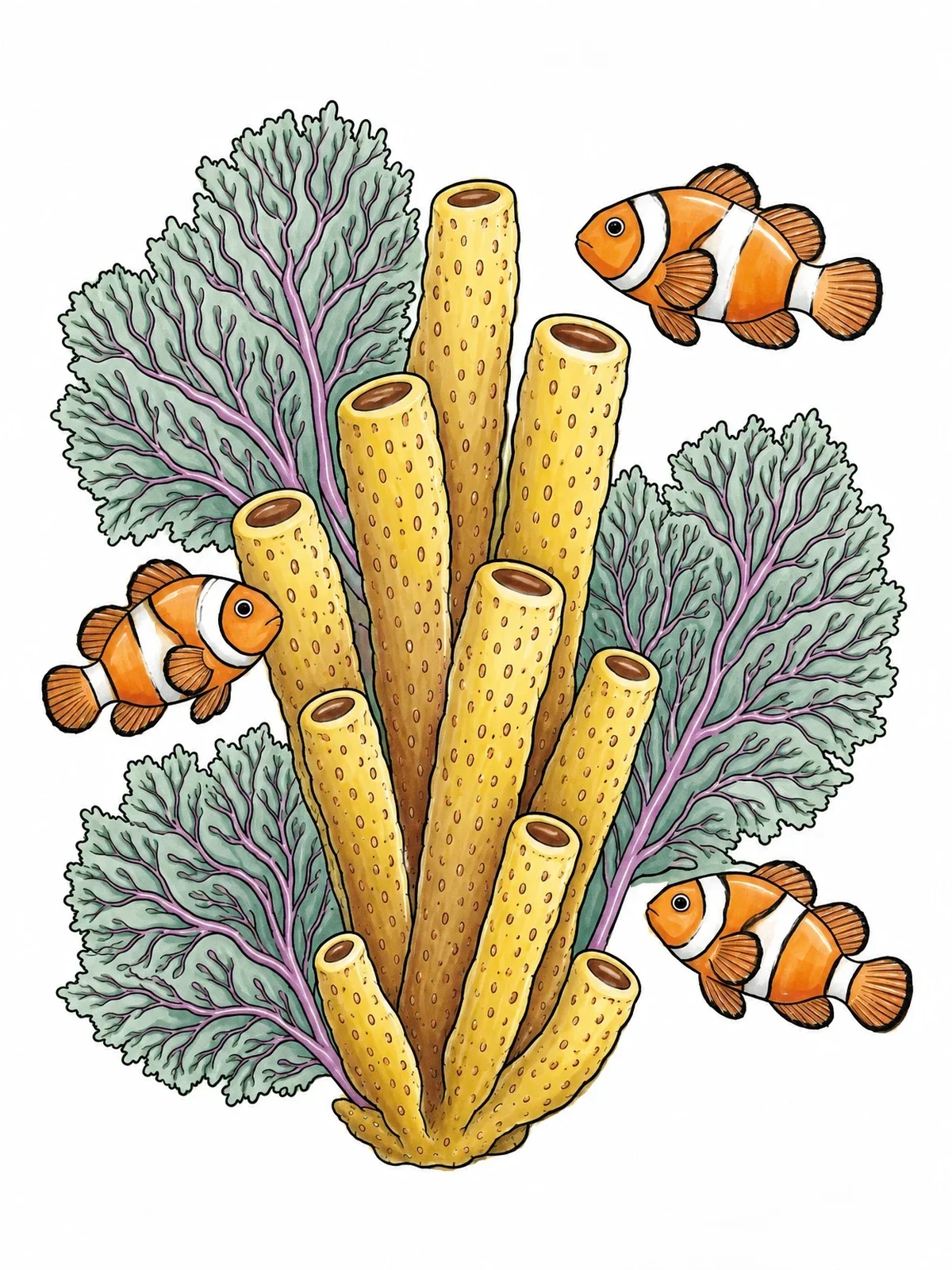 Colored example of the Tube Sponges And Swimming Clownfish coloring page