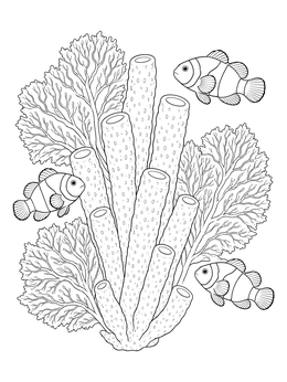 Clownfish swimming near textured tube corals in this tube sponge coloring page.
