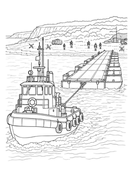A d day coloring page showing a tugboat towing a pontoon section to Normandy beach.