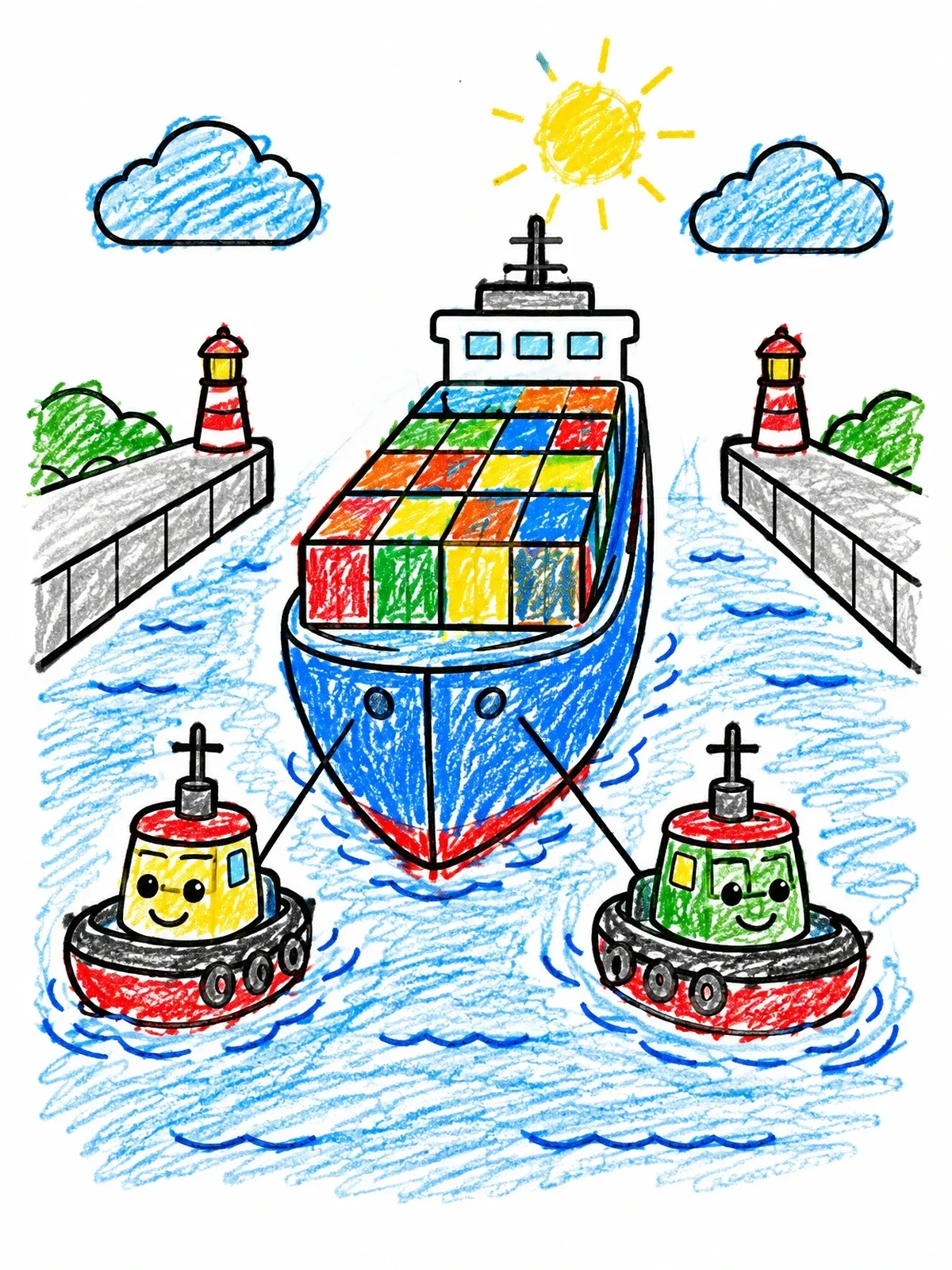Colored example of the Tugboats Guiding A Container Ship coloring page