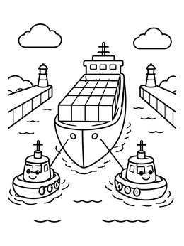 Free printable Tugboats Guiding A Container Ship coloring page