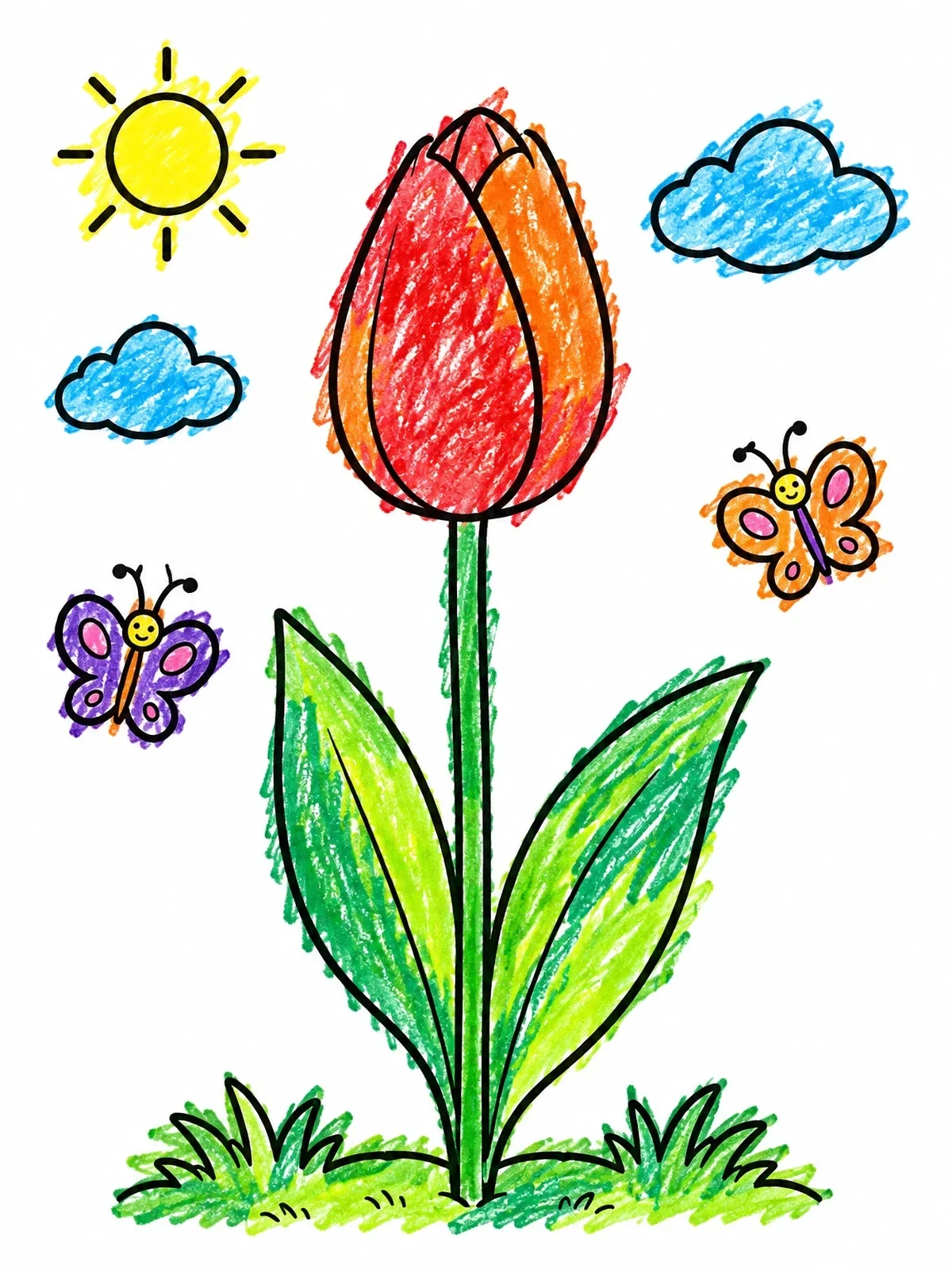 Colored example of the Cheerful Tulip With Fluttering Butterflies coloring page