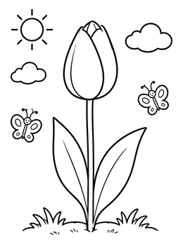 Free printable Cheerful Tulip With Fluttering Butterflies coloring page