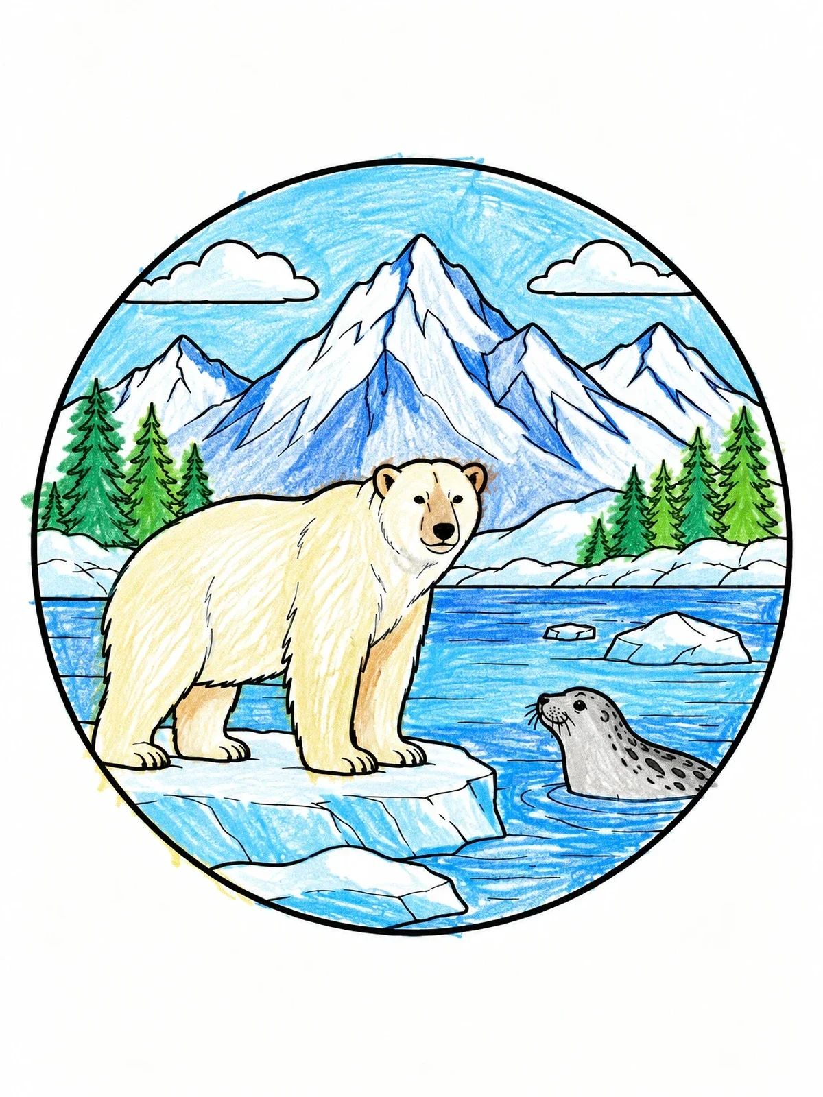 Colored example of the Polar Bear And Seal Arctic Badge coloring page